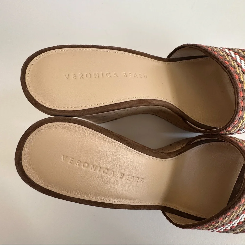 Veronica Beard Dali Multi Woven Raffia Cork Wedge Slide Sandals Brown Tan 9 NIB